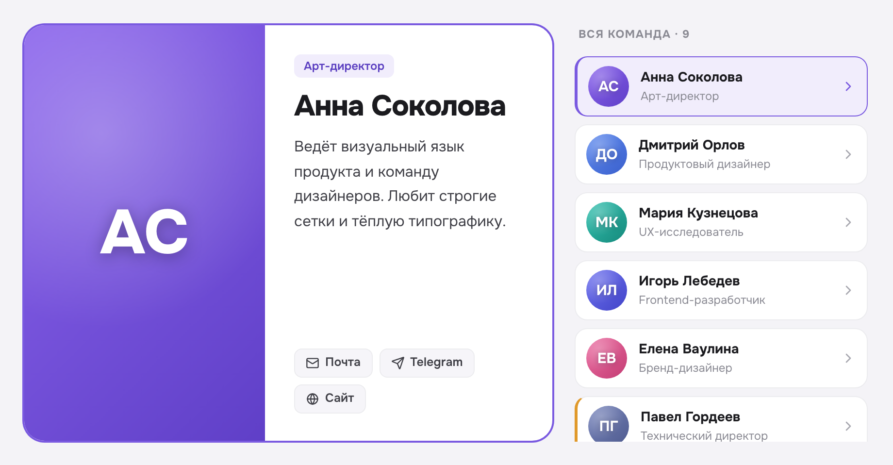 Формат «Спотлайт»: карточка-герой + ростер «Вся команда» справа